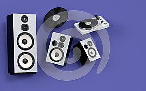 Set of Hi-fi speakers and DJ turntable for sound recording studio on violet
