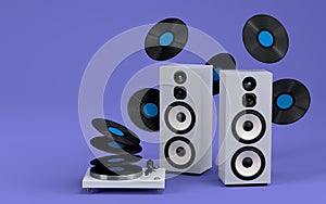 Set of Hi-fi speakers and DJ turntable for sound recording studio on violet