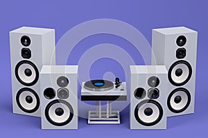 Set of Hi-fi speakers and DJ turntable for sound recording studio on violet