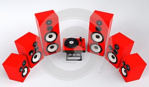 Set of Hi-fi speakers and DJ turntable for sound recording studio on white