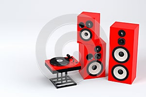 Set of Hi-fi speakers and DJ turntable for sound recording studio on white