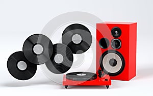 Set of Hi-fi speakers and DJ turntable for sound recording studio on white