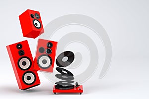 Set of Hi-fi speakers and DJ turntable for sound recording studio on white