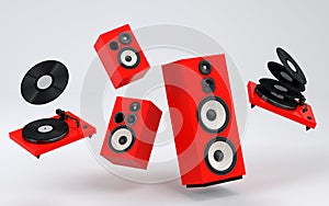 Set of Hi-fi speakers and DJ turntable for sound recording studio on white