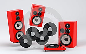 Set of Hi-fi speakers and DJ turntable for sound recording studio on white