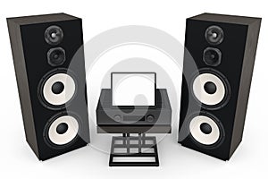 Set of Hi-fi speakers and DJ turntable for sound recording studio on white.