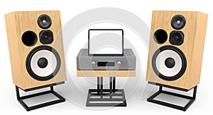 Set of Hi-fi speakers and DJ turntable for sound recording studio on white.