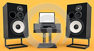 Set of Hi-fi speakers and DJ turntable for sound recording studio on yellow.