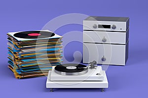 Set of Hi-fi speakers and DJ turntable with vinyl LP record on heap of covers