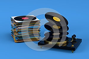 Set of Hi-fi speakers and DJ turntable with vinyl LP record on heap of covers