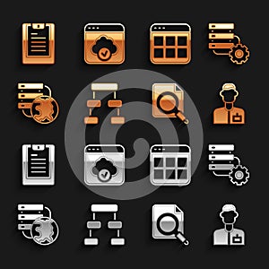 Set Hierarchy organogram chart, Analyst engineer, Search concept with folder, Network cloud connection, Browser files
