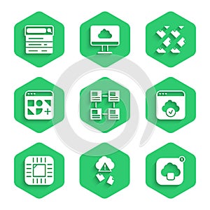 Set Hierarchy organogram chart, Cloud hacking, technology data transfer, Processor with CPU, Different files, Data