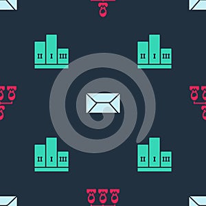 Set Hierarchy organogram chart, Envelope and Award over winner podium on seamless pattern. Vector