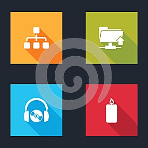 Set Hierarchy organogram chart, FTP folder upload, Headphones and CD DVD and Burning candle icon. Vector