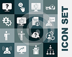 Set Hierarchy organogram chart, Head hunting, Speech bubble chat, Hand like, Question mark and Resume icon. Vector