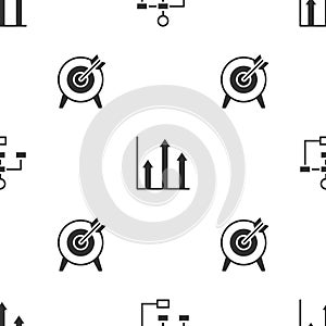 Set Hierarchy organogram chart, Pie infographic and Target on seamless pattern. Vector