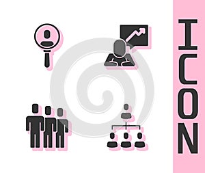Set Hierarchy organogram chart, Search people, Users group and Team leader icon. Vector
