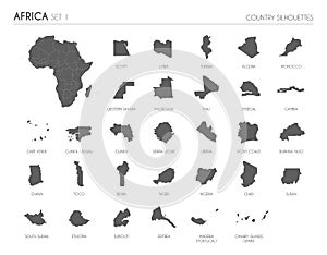 Set of 30 high detailed silhouette maps of African Countries and territories, and map of Africa vector illustration