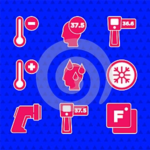 Set High human body temperature, Digital thermometer, Fahrenheit, Snowflake, Meteorology, and icon. Vector