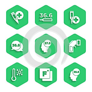 Set High human body temperature, Fahrenheit, Medical thermometer, Digital, Thermometer with snowflake, and icon. Vector