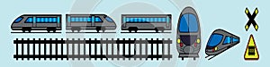 Set of high-speed train cartoon icon design template with various models. vector illustration isolated on blue background