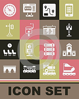 Set High-speed train, Railway station, Train traffic light, Route location, Emergency brake, clock and board icon