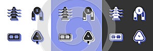 Set High voltage, Electric tower line, Electrical outlet and Magnet icon. Vector