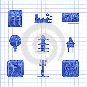 Set High voltage power pole line, Electrical outlet, plug, light switch, Light bulb, and Battery pack icon. Vector