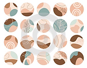 Set of Highlights cover icons. Round texture and floral icons for social media stories in pastel colours. Abstract backgrounds