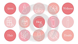 A set of highlights natural shades simple pink icons for a blog about cosmetics, medicine and mental health