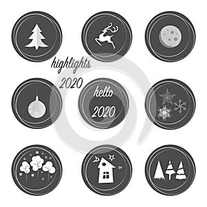 Set of highlights stories covers icons in grey and white colors. Perfect for bloggers. Fully editable, scalable vector file. New y