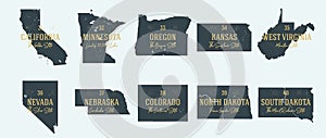 Set 4 of 5 Highly detailed vector silhouettes of USA state maps with names and territory nicknames photo