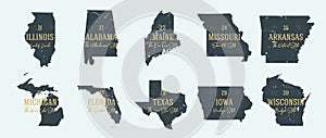 Set 3 of 5 Highly detailed vector silhouettes of USA state maps with names and territory nicknames photo