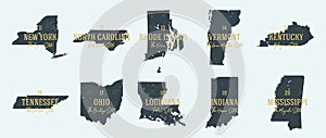 Set 2 of 5 Highly detailed vector silhouettes of USA state maps with names and territory nicknames photo
