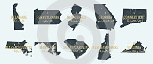 Set 1 of 5 Highly detailed vector silhouettes of USA state maps with names and territory nicknames photo