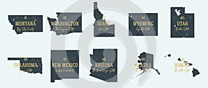 Set 5 of 5 Highly detailed vector silhouettes of USA state maps with names and territory nicknames photo
