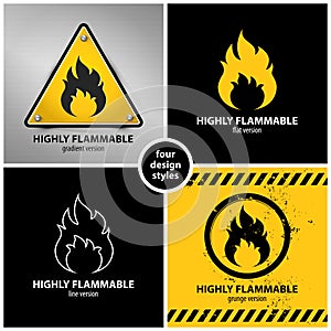 Set of highly flammable warning symbols