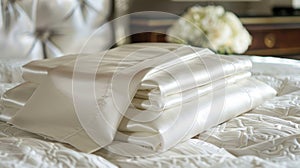 A set of highthread count sateen sheets smooth and supple to the touch promising a restful and luxurious sleep every photo