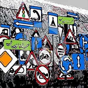 Set highway car road Sign. Includes three interchangeable post designs. Editable colors and shapes. Jove Sign.