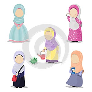 Set of Hijab girl cartoon character doing daily activities vector illustration