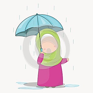 Set of Hijab girl cartoon character under the rain with an umbrella, vector illustration