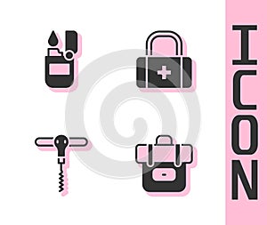 Set Hiking backpack, Lighter, Wine corkscrew and First aid kit icon. Vector