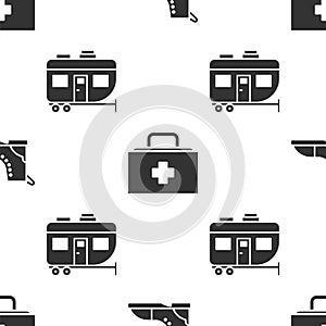 Set Hiking boot, First aid kit and Rv Camping trailer on seamless pattern. Vector