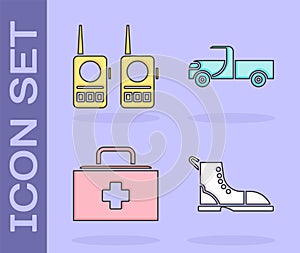 Set Hiking boot, Walkie talkie, First aid kit and Pickup truck icon. Vector