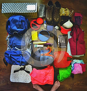 Set of hiking gear to mountains