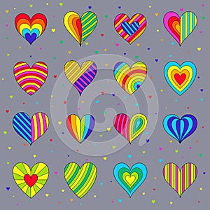 Set of Ð¡hildren`s Bright Colorful Hearts Isolated on Grey Backg