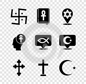 Set Hindu swastika, Cross ankh book, Star of David, Christian cross, and crescent, and fish icon. Vector