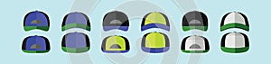 Set of hip hop cap. cartoon icon design template with various models. vector illustration isolated on blue background