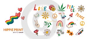 Set of hippie culture elements, peace, love, dove, rainbow, flowers. Vector illustration in cartoon doodle style