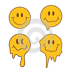 Set of hippie groovy Melting Smile Faces. Funny melt smiles isolated on white background.